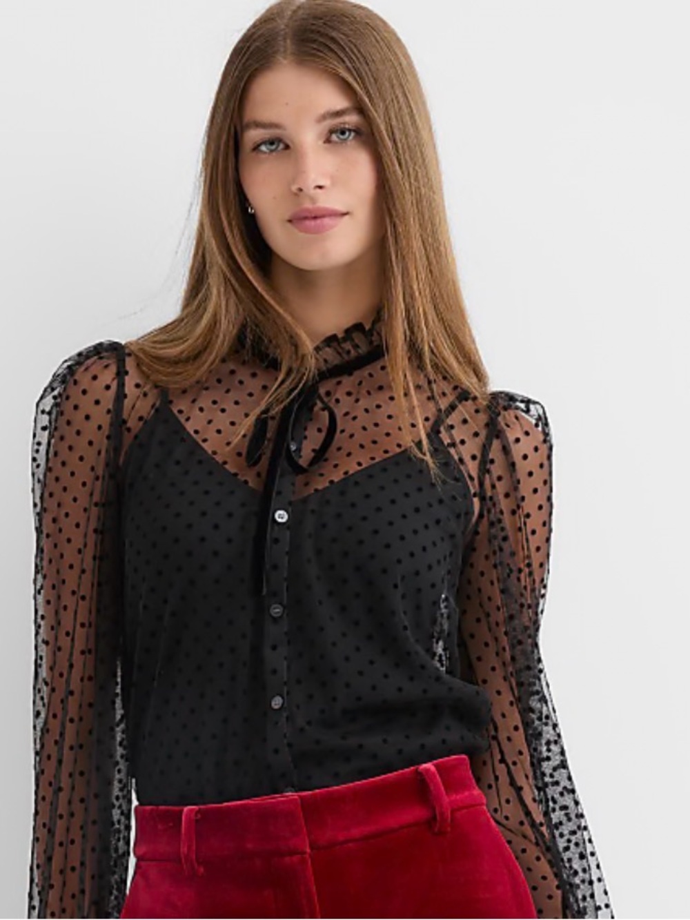 LOFT Black Sheer Swiss Dot Tie-Neck Blouse